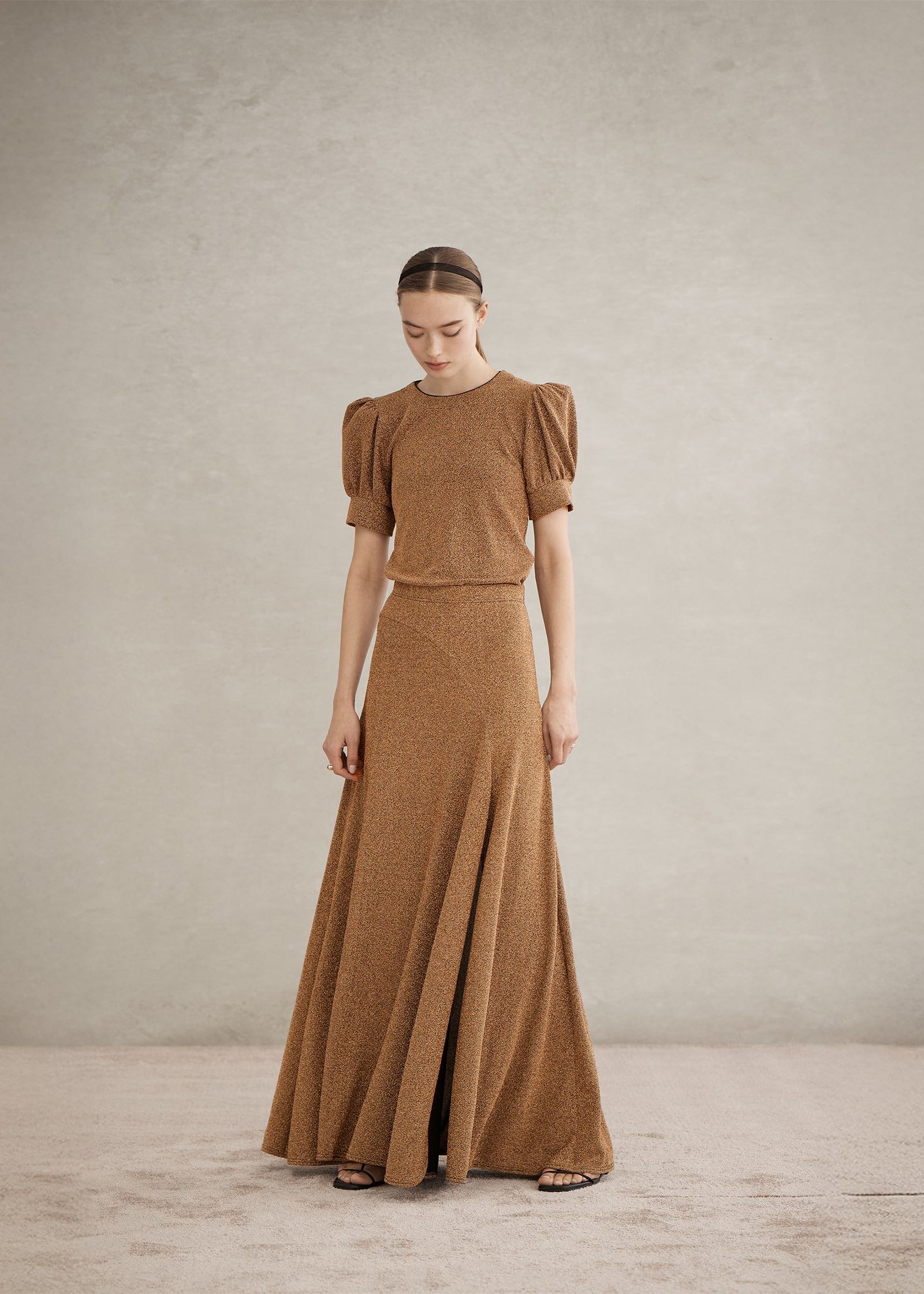 slim fit dress slacks LIGHT GOLD SPARKLY KNIT MAXI DRESS | CULT MIA