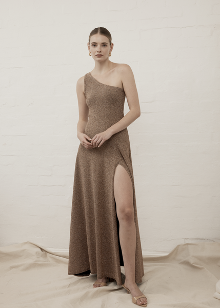 One Shoulder Como Maxi Dress | Moet Gold Luxe de Valentina One Shoulder Como Maxi Dress | Moet Gold Luxe de Valentina