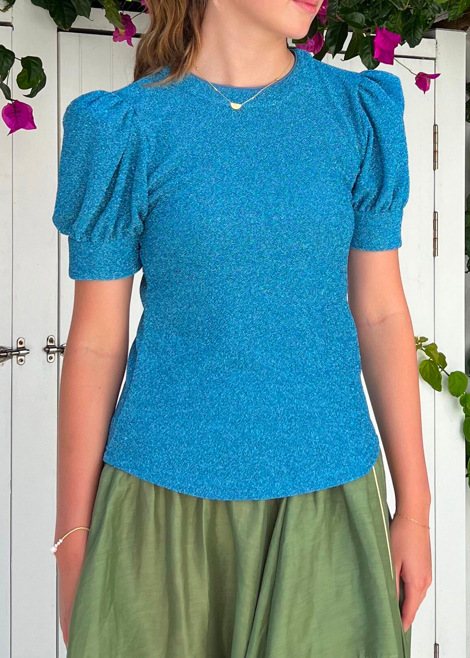 Como Puff Sleeve T-Shirt | Capri Blue Knit
