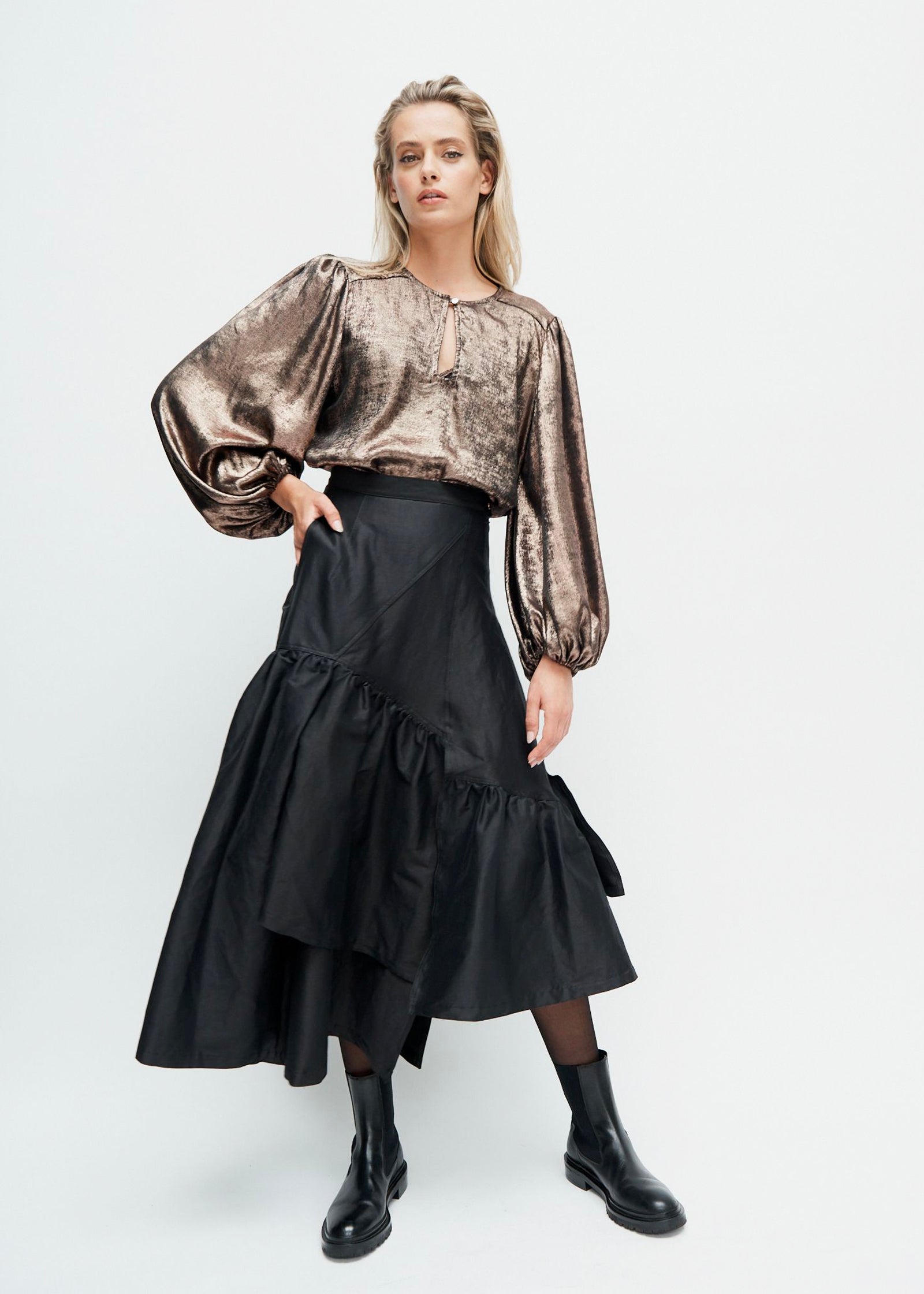 Seville Ruffle Midi Skirt | Black